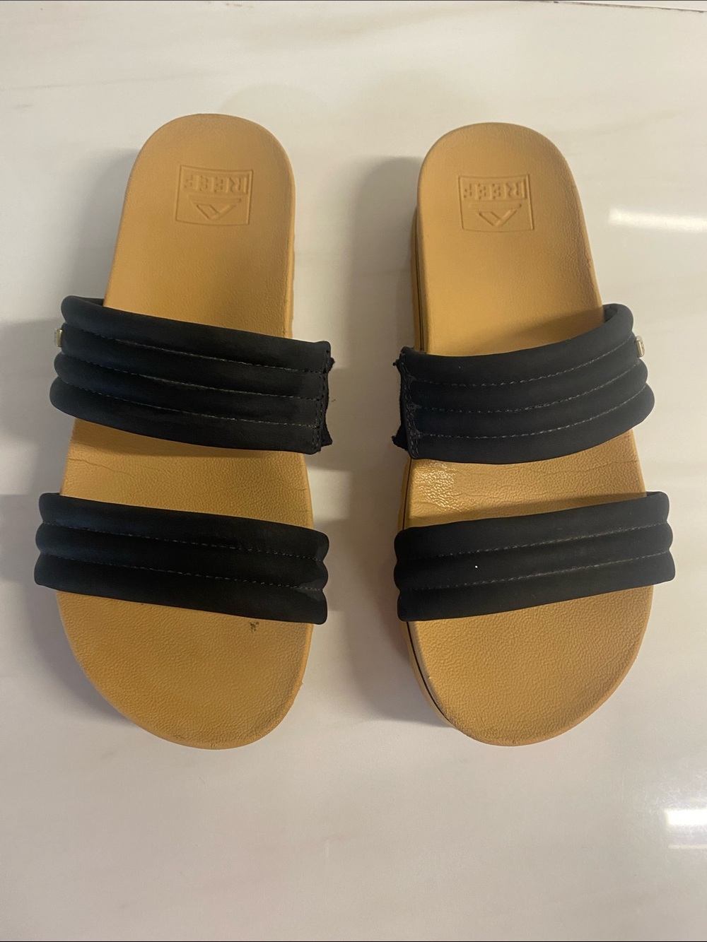 REEF Tan Footbed Slides with Black Padded Straps